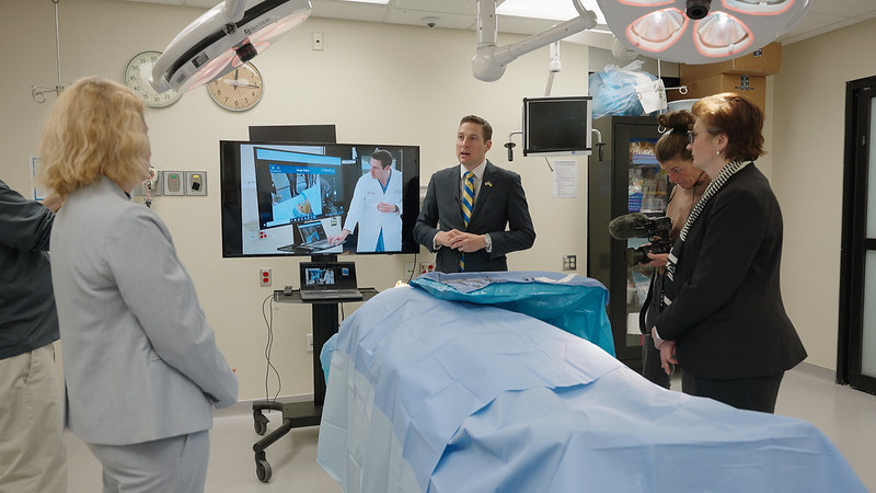 Interior of a classroom set up like a surgical theatre