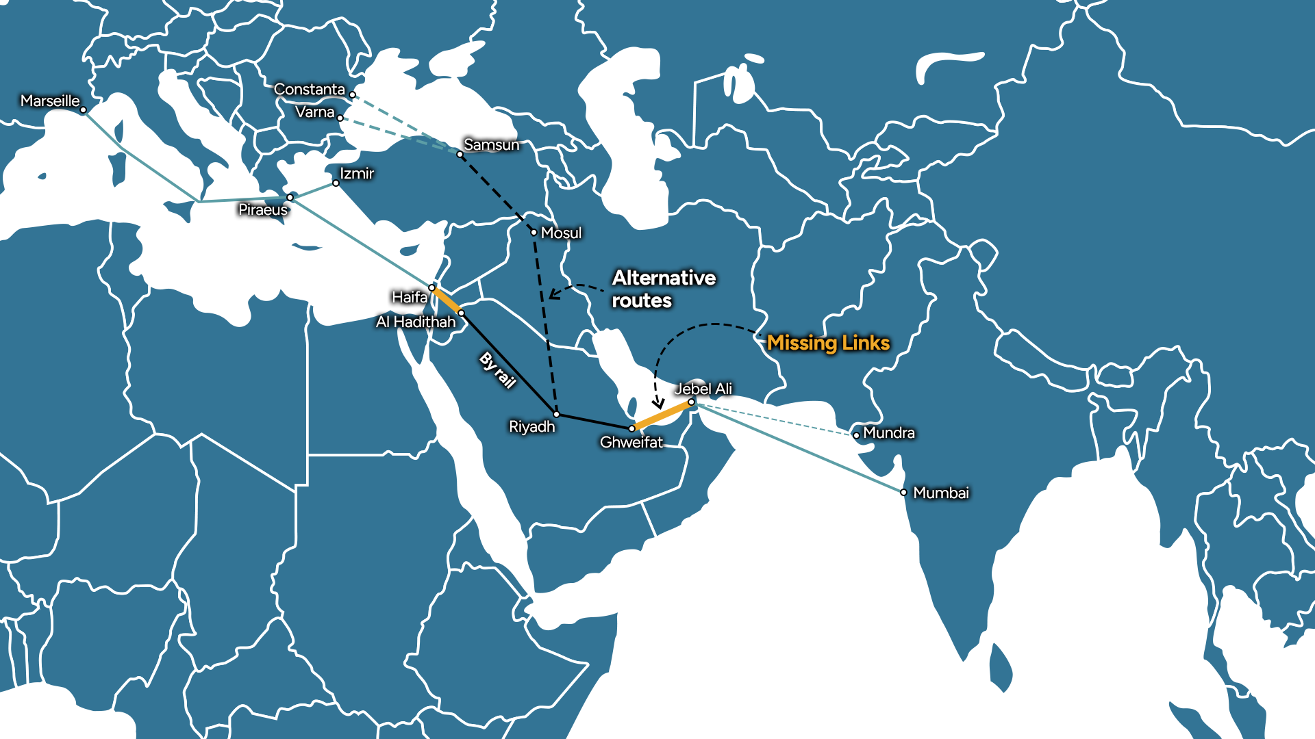 Map showing the route of the India-Middle East-Europe Economic Corridor