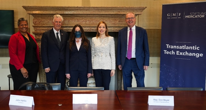 Virginia Delegate Michelle Maldonado, Congressman Don Beyer, GMF Technology Managing Director Lindsay Gorman, GMF President Alexandra de Hoop Scheffer, and Member of the European Parliament Axel Voss at the roundtable.