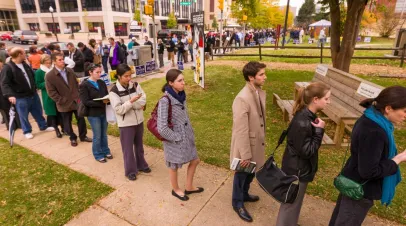 People lining up in the morning to vote on presidential election day.