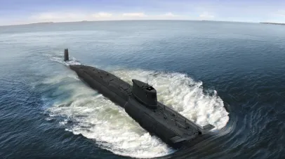Naval submarine on the sea surface.