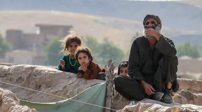 Kabul, Afghanistan. Refugee children after the collapse of the country in August 2021 by the Taliban in the North of the country