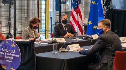 Secretary of State Antony J. Blinken, along with Secretary of Commerce Gina Raimondo, United States Trade Representative Katherine Tai, and EU officials, participates in a virtual stakeholder roundtable, in Pittsburgh, Pennsylvania, before the start of the inaugural U.S.-EU Trade and Technology Council (TTC) Ministerial on September 29, 2021