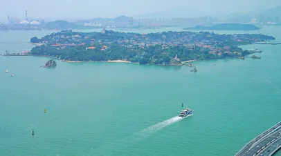 Aerial view of Gulangyu island, a pedestrian island UNESCO world heritage across from Xiamen (Amoy) in the Taiwan Strait in Fujian province, China.