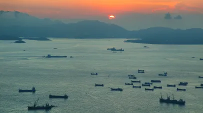 View of sunset over South China sea from 100 floor of ICC building in Hong Kong.