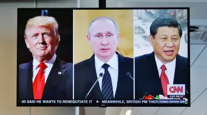 Split Screen of former U.S. President Trump, Russian President Putin, and Chinese President Xi