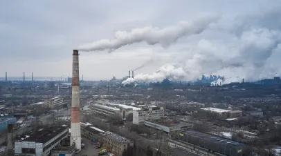Aerial view of Ukrainian factory pipes throwing hazardous emissions into the air.
