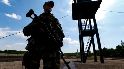 Border guard silhouette on checkpoint Senkivka
