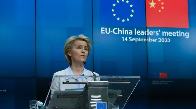 EU Commission President Ursula von der Leyen and EU Council President Charles Michel hold a news conference after a summit with China's President Xi Jinping, in Brussels, Belgium, 14 September 2020.