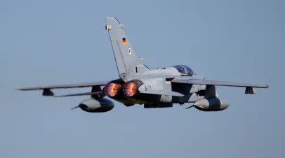 German Air Force Tornado bomber jet aircraft fast flyby with afterburner.
