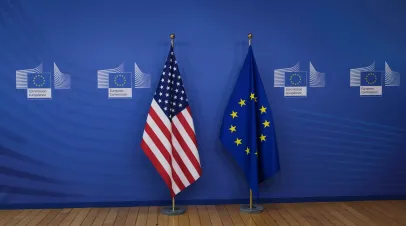 EU and U.S flags before a media conference at EU headquarters in Brussels 