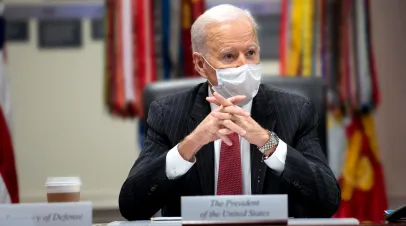 Joe Biden delivers remarks in a meeting with Vice President Kamala Harris