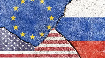 EU, USA, Russia national flags