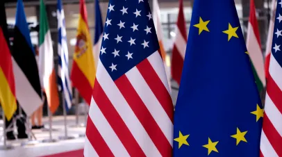 European and US flags in European Council 