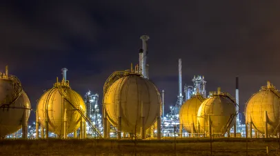 Liquid Natural Gas globe containers in Europoort industrial area location Botlek in Port of Rotterdam