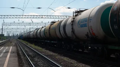 A train with tanks with petroleum products at the railway station