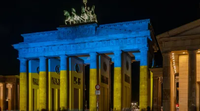 Berlin, Germany | Brandenburg Gate illuminated in Ukrainian colors.