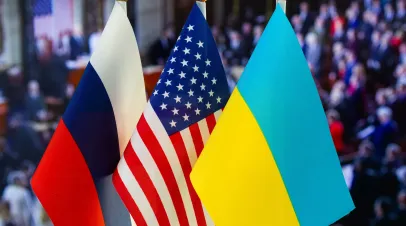 US, Ukraine, Russia Flags