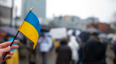 People protest against the war in Ukraine.