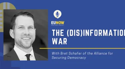 Picture of Bret Schafer on blue background with text the (dis)information war
