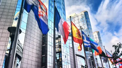Flags in front of the European Parliament Building, Brussels