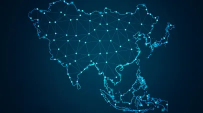 Abstract mash line and point scales on dark background over map of Asia.