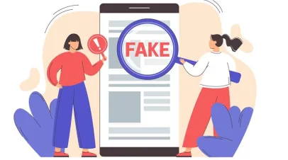 two women holding a magnifying glass over the word fake
