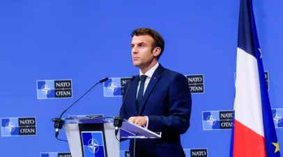 Emmanuel Macron, President of France, during press conference after NATO extraordinary SUMMIT 2022