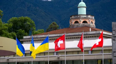 Ukrainian flags and Swiss flags at Ukraine Recovery Conference (URC2022) in Lugano on 4–5 July 2022