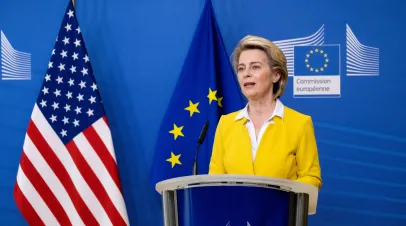 Ursula von der Leyen during a press conference with Antony Blinken american secretary of state at the european commission. 