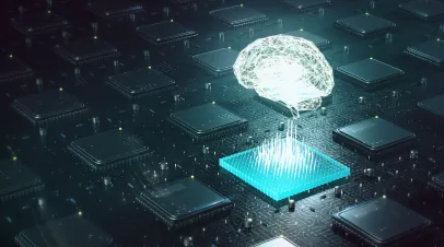 Brain made with shining wireframe above multiple blockchain on CPU circuit board