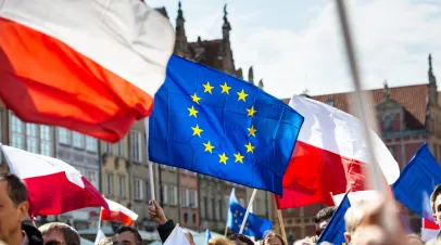 Demonstration in Gdansk with Polish and EU flag