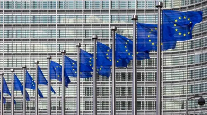 Row of EU Flags in front of the European Union Commission building in Brussels