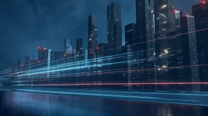 3D Rendering of warp speed in hyper loop with blur light from buildings' lights in mega city at night. Concept of next generation technology, fin tech, big data, 5g fast network, machine learning