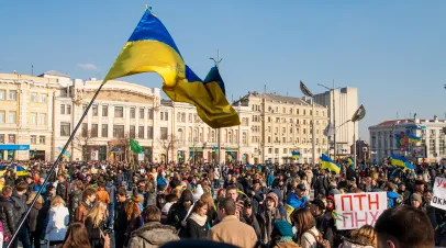 KHARKIV/UKRAINE - 09 MARCH 2014: demonstration in Kharkiv for Ukraine unity and against Russia bringing its military troops to Crimea.