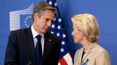 EU Commission President Ursula von der Leyen, right, and U.S. Secretary of State Antony Blinken make a statement to the media prior to a meeting at EU headquarters in Brussels, Friday, March 4, 2022.