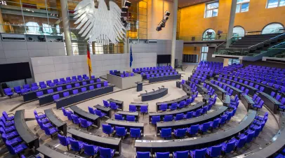 Interior of Plenary Hall meeting room of German Parliament Deutscher Bundestag.