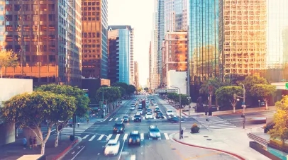 View of Los Angeles rush hour traffic in Downtown LA
