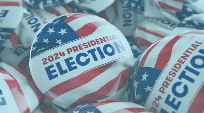 2024 presidential election buttons in a pile