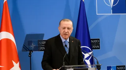 Recep Tayyip Erdogan, President of Turkey, during press conference, after NATO Extraordinary Summit.