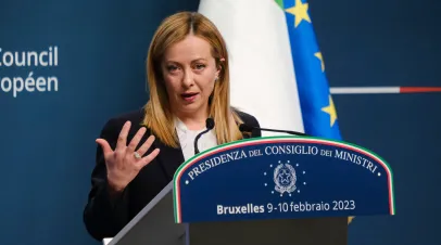 Italy's Prime Minister Giorgia Meloni speaks during a press conference after an extraordinary meeting of a EU Summit at The European Council Building in Brussels, Belgium on February 10, 2023.