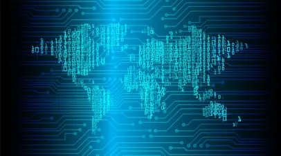 Map of the world in binary code with a teal color scheme