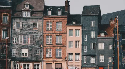 Facade of old building in town