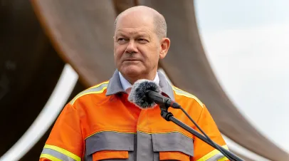 Blexen, Germany - May 12, 2023: portrait of the German Federal Chancellor Olaf Scholz during a press statement on occasion of his vivit of the Steelwind company.
