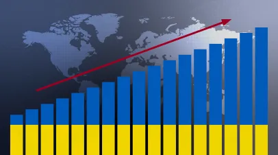 Ukraine flag on bar chart concept with increasing values