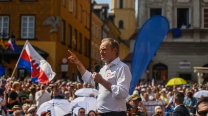 Donald Tusk addresses an opposition rally in Warsaw on June 4. Photographer: Omar Marques/Getty Images , Photographer: Omar Marques/Getty Images