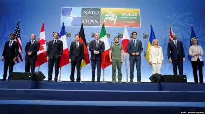 G7 leaders, President of the European Council Charles Michel, President of the European Commission Ursula von der Leyen and President of Ukraine Volodymyr Zelenskyi in a joint photo, Vilnius, July 12, 2023