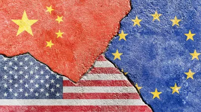 China VS US (United States) VS EU (European Union) flags isolated on broken wall with cracks background
