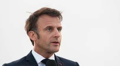 Emmanuel Macron delivers a speech at Fort Saint Jean in Marseille, France, on 27 May 2023.