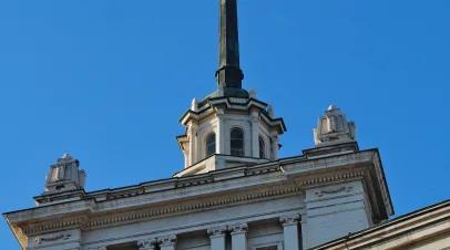 ulgarian flag on National Assembly building in Sofia. May 2021